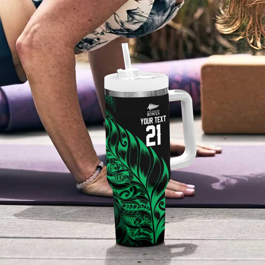New Zealand Lawn Bowls Custom Tumbler With Handle Green Maori Warrior Tribal Silver Fern - Polynesian Pride