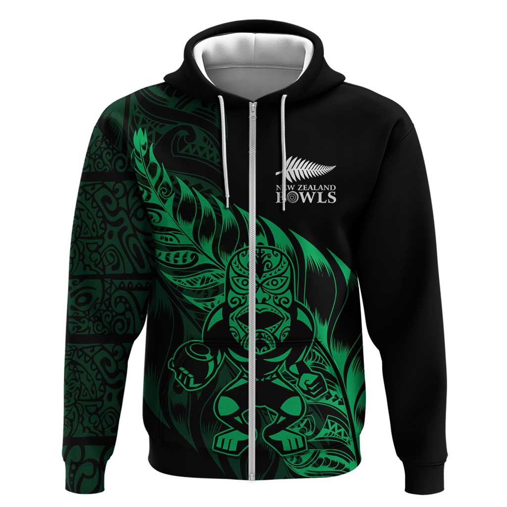 New Zealand Lawn Bowls Custom Zip Hoodie Green Maori Warrior Tribal Silver Fern - Polynesian Pride