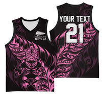 New Zealand Lawn Bowls Custom Basketball Jersey Pink Maori Warrior Tribal Silver Fern - Polynesian Pride