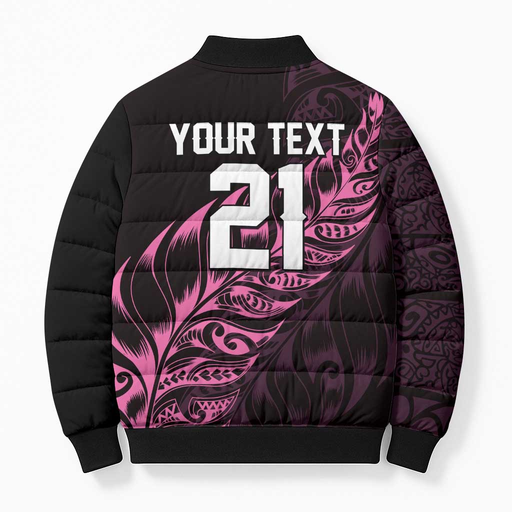 New Zealand Lawn Bowls Custom Bomber Puffer Jacket Pink Maori Warrior Tribal Silver Fern - Polynesian Pride