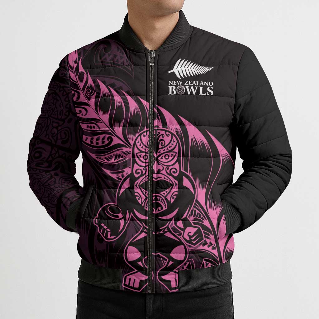 New Zealand Lawn Bowls Custom Bomber Puffer Jacket Pink Maori Warrior Tribal Silver Fern - Polynesian Pride