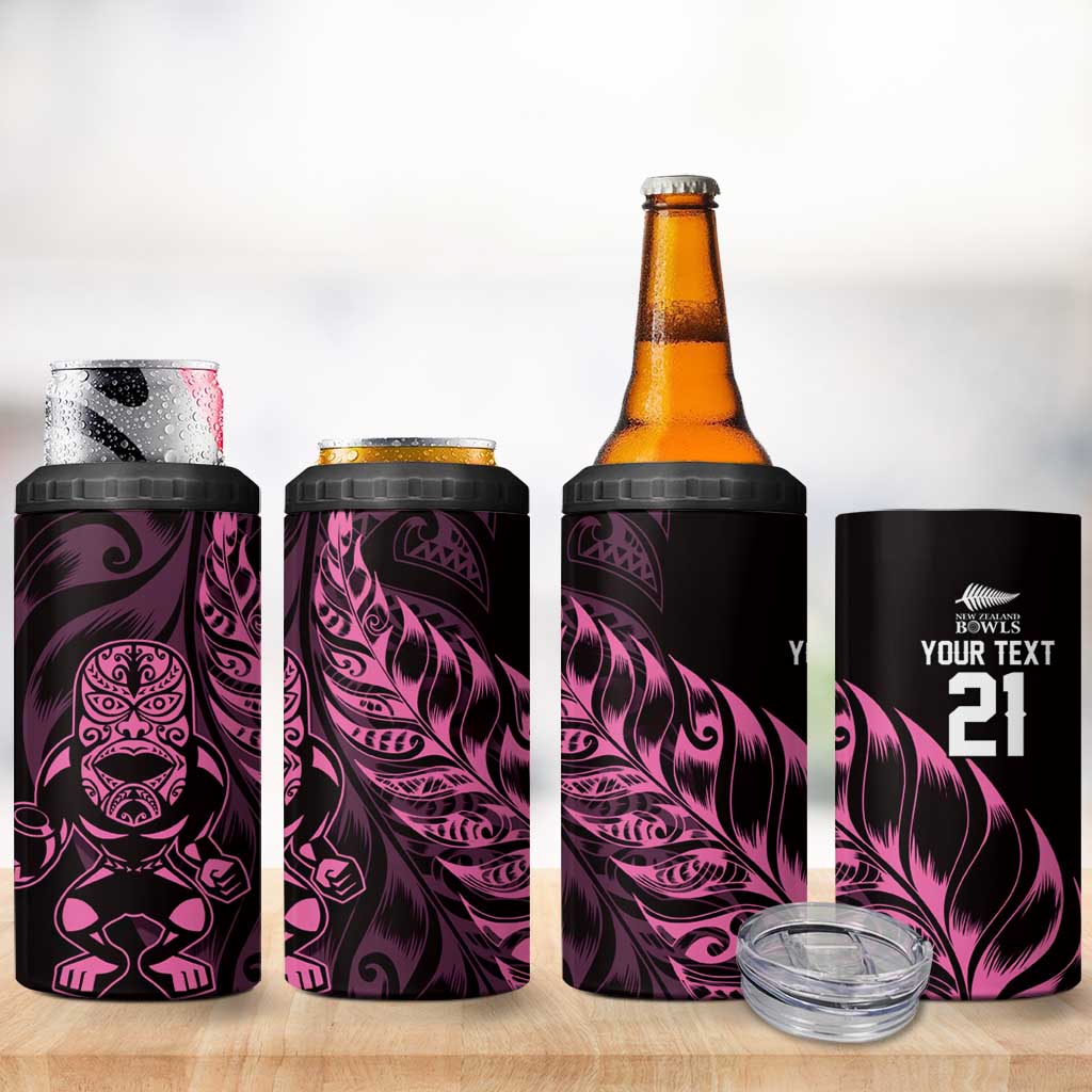 New Zealand Lawn Bowls Custom 4 in 1 Can Cooler Tumbler Pink Maori Warrior Tribal Silver Fern - Polynesian Pride