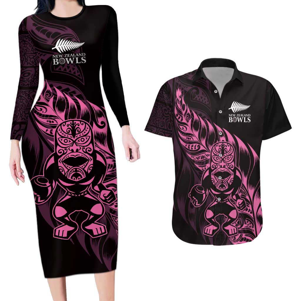 New Zealand Lawn Bowls Custom Couples Matching Long Sleeve Bodycon Dress and Hawaiian Shirt Pink Maori Warrior Tribal Silver Fern - Polynesian Pride