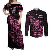 New Zealand Lawn Bowls Custom Couples Matching Off Shoulder Maxi Dress and Long Sleeve Button Shirt Pink Maori Warrior Tribal Silver Fern - Polynesian Pride