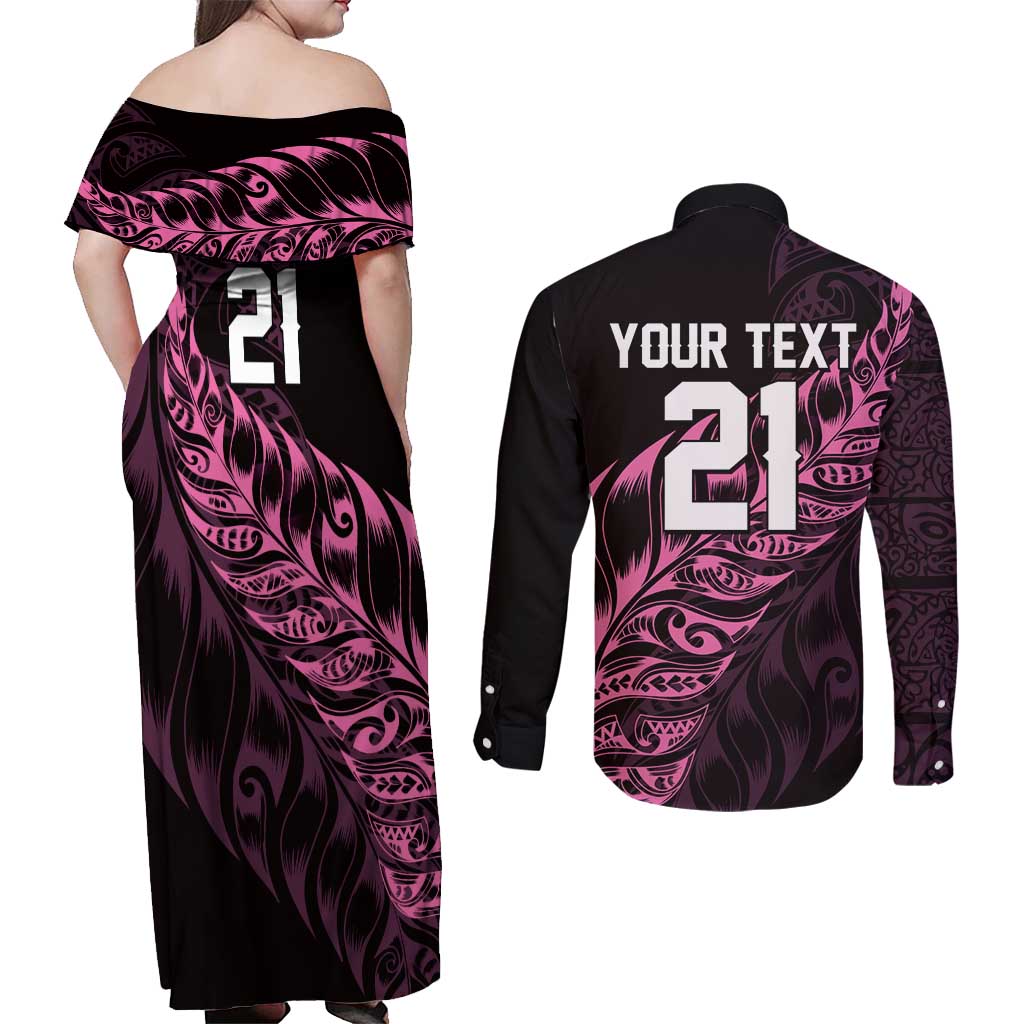 New Zealand Lawn Bowls Custom Couples Matching Off Shoulder Maxi Dress and Long Sleeve Button Shirt Pink Maori Warrior Tribal Silver Fern - Polynesian Pride
