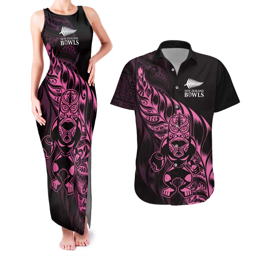 New Zealand Lawn Bowls Custom Couples Matching Tank Maxi Dress and Hawaiian Shirt Pink Maori Warrior Tribal Silver Fern - Polynesian Pride