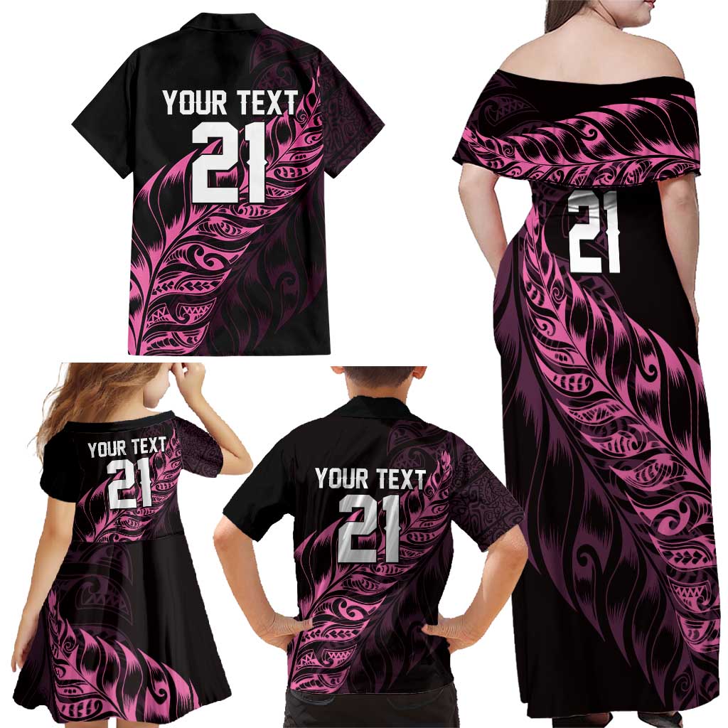 New Zealand Lawn Bowls Custom Family Matching Off Shoulder Maxi Dress and Hawaiian Shirt Pink Maori Warrior Tribal Silver Fern - Polynesian Pride
