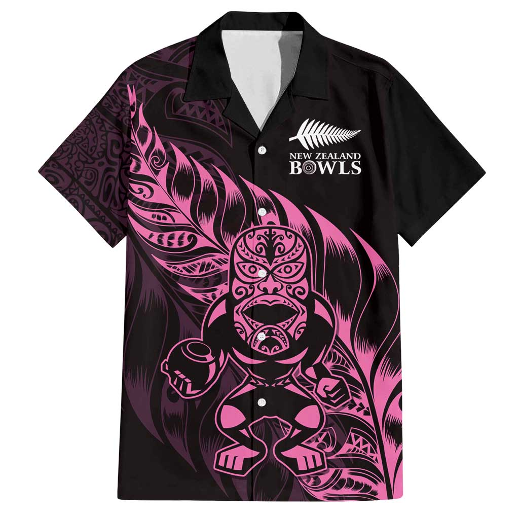New Zealand Lawn Bowls Custom Family Matching Off Shoulder Short Dress and Hawaiian Shirt Pink Maori Warrior Tribal Silver Fern - Polynesian Pride