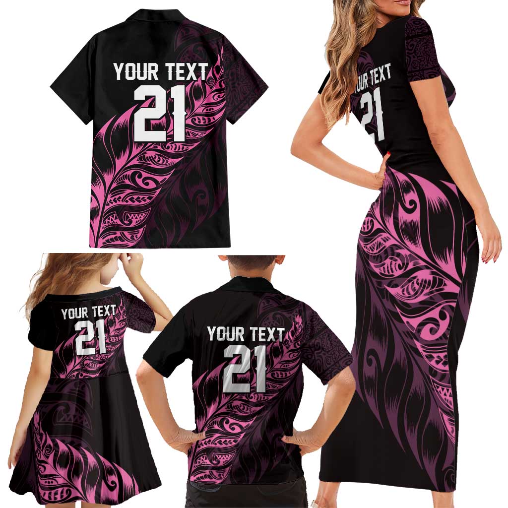 New Zealand Lawn Bowls Custom Family Matching Short Sleeve Bodycon Dress and Hawaiian Shirt Pink Maori Warrior Tribal Silver Fern - Polynesian Pride
