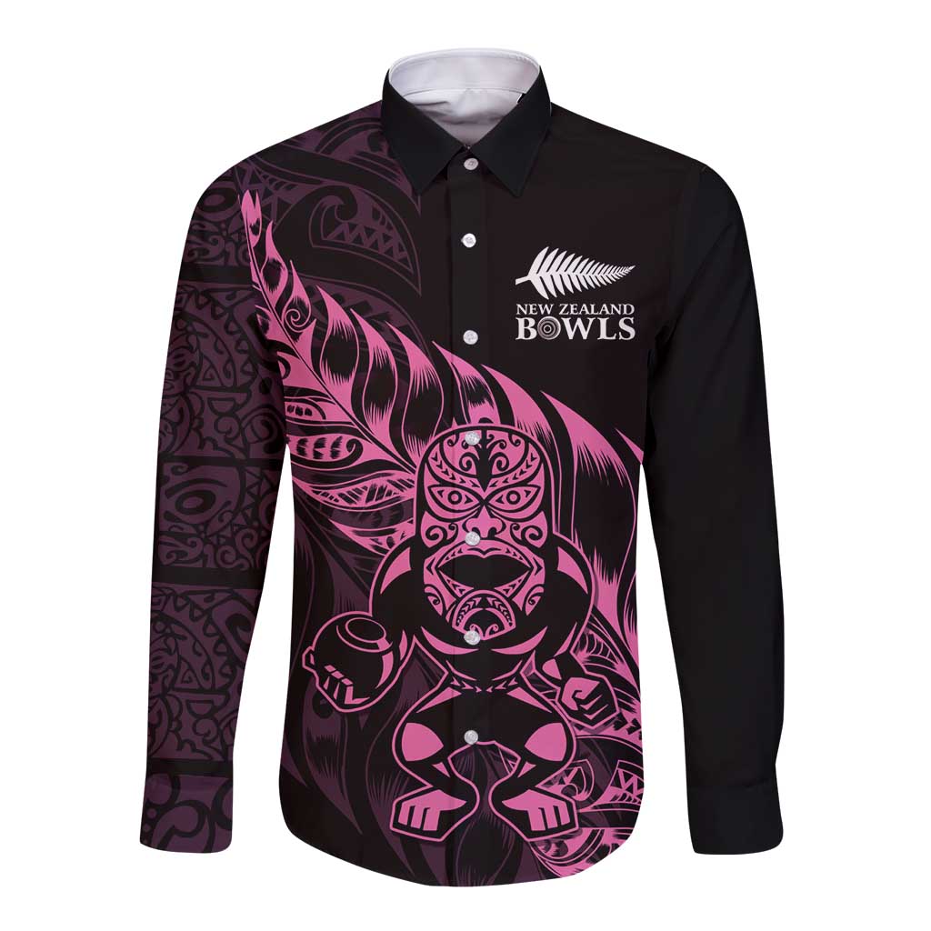 New Zealand Lawn Bowls Custom Long Sleeve Button Shirt Pink Maori Warrior Tribal Silver Fern - Polynesian Pride