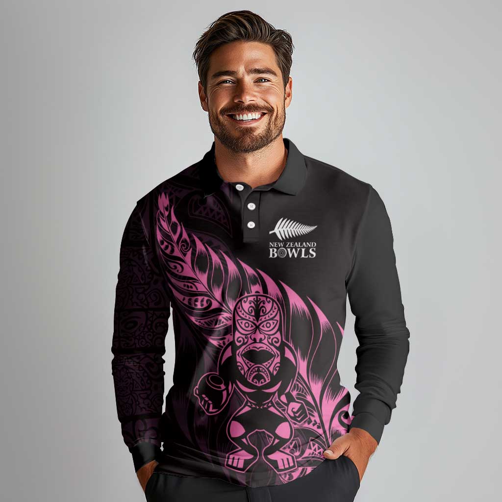 New Zealand Lawn Bowls Custom Long Sleeve Polo Shirt Pink Maori Warrior Tribal Silver Fern - Polynesian Pride