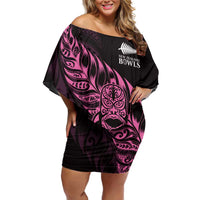 New Zealand Lawn Bowls Custom Off Shoulder Short Dress Pink Maori Warrior Tribal Silver Fern - Polynesian Pride