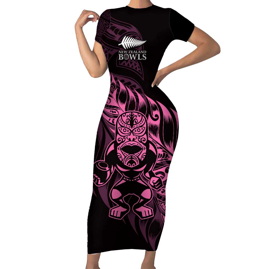 New Zealand Lawn Bowls Custom Short Sleeve Bodycon Dress Pink Maori Warrior Tribal Silver Fern - Polynesian Pride