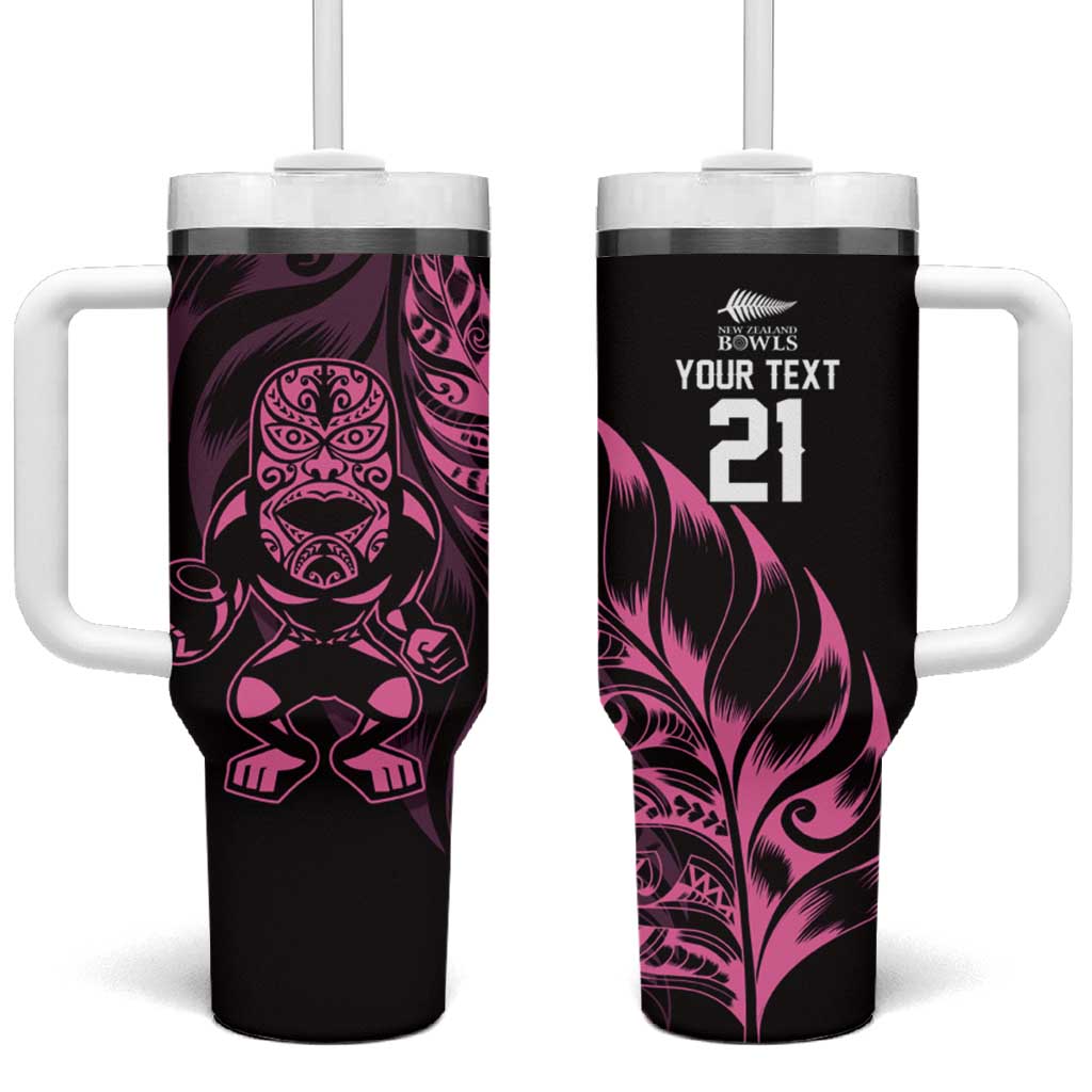 New Zealand Lawn Bowls Custom Tumbler With Handle Pink Maori Warrior Tribal Silver Fern - Polynesian Pride
