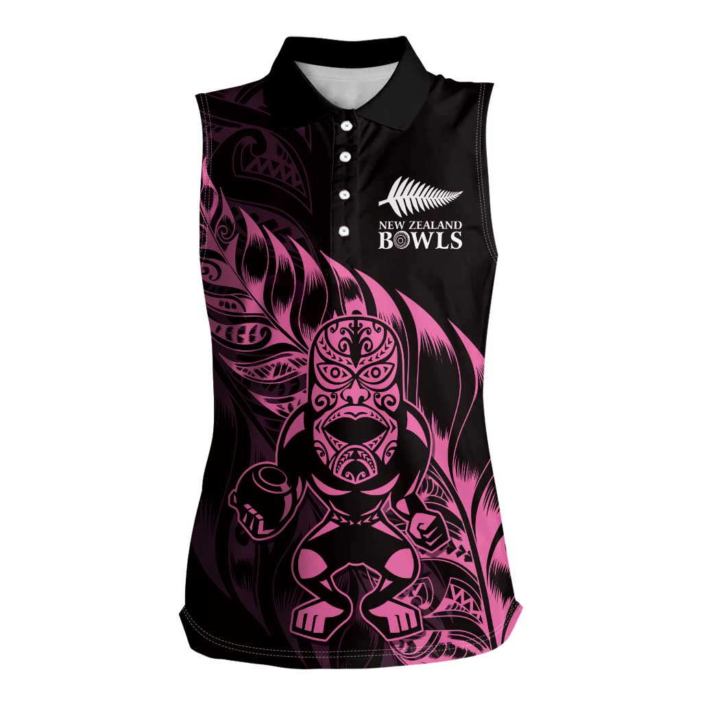New Zealand Lawn Bowls Custom Women Sleeveless Polo Shirt Pink Maori Warrior Tribal Silver Fern - Polynesian Pride