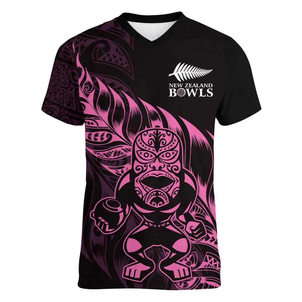 New Zealand Lawn Bowls Custom Women V-Neck T-Shirt Pink Maori Warrior Tribal Silver Fern - Polynesian Pride