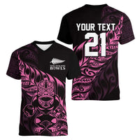 New Zealand Lawn Bowls Custom Women V-Neck T-Shirt Pink Maori Warrior Tribal Silver Fern - Polynesian Pride