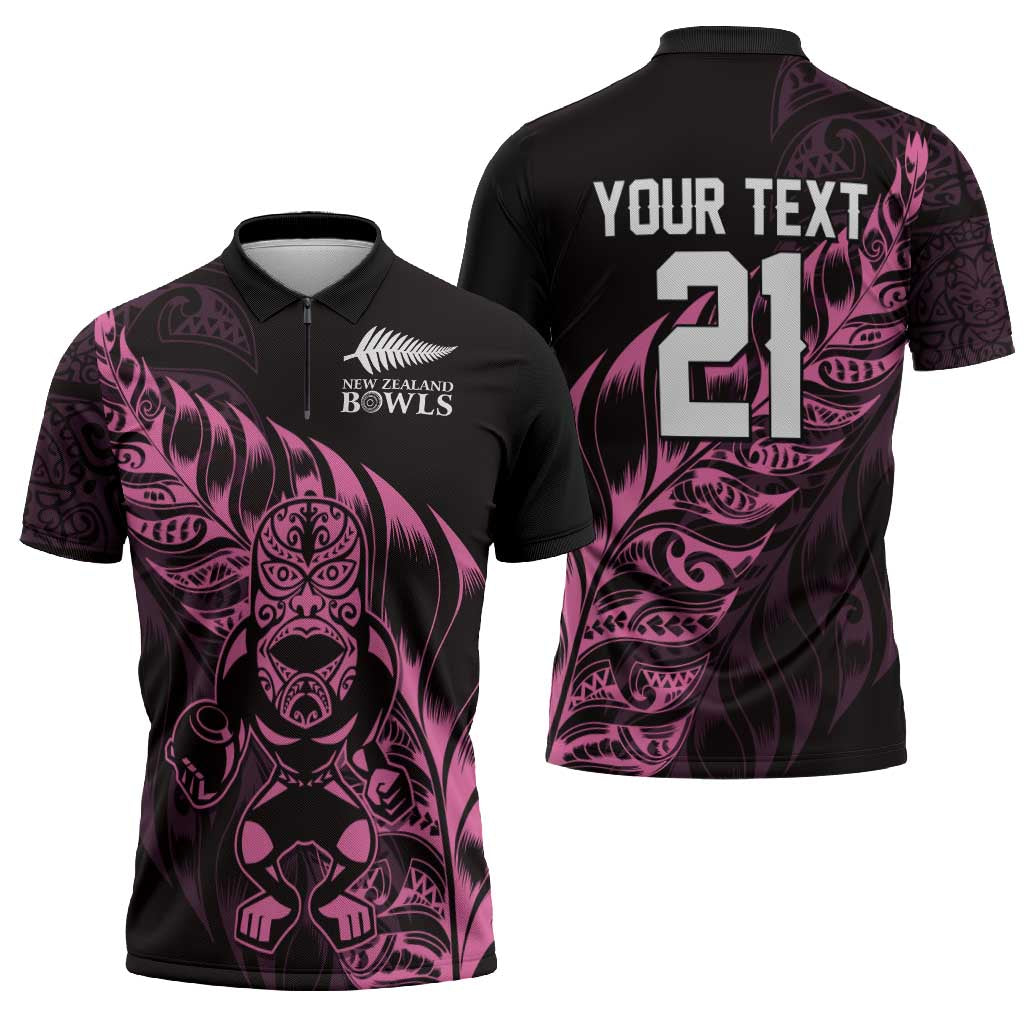 New Zealand Lawn Bowls Custom Zipper Polo Shirt Pink Maori Warrior Tribal Silver Fern - Polynesian Pride