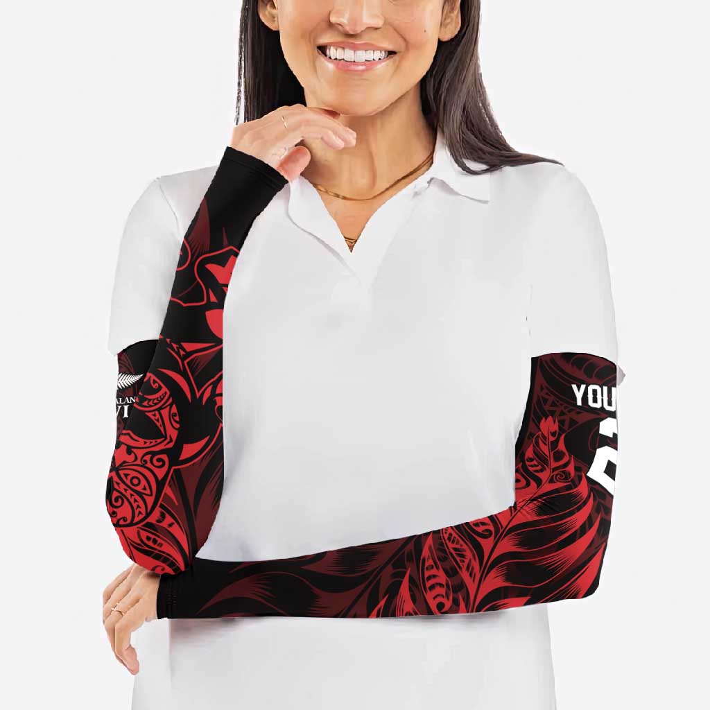 New Zealand Lawn Bowls Custom Arm Sleeves Red Maori Warrior Tribal Silver Fern - Polynesian Pride