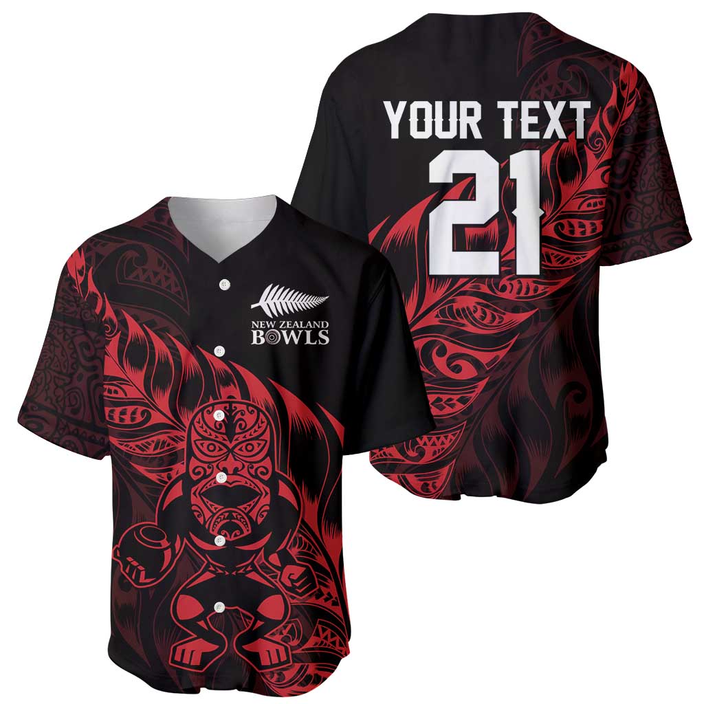 New Zealand Lawn Bowls Custom Baseball Jersey Red Maori Warrior Tribal Silver Fern - Polynesian Pride