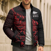 New Zealand Lawn Bowls Custom Bomber Puffer Jacket Red Maori Warrior Tribal Silver Fern - Polynesian Pride