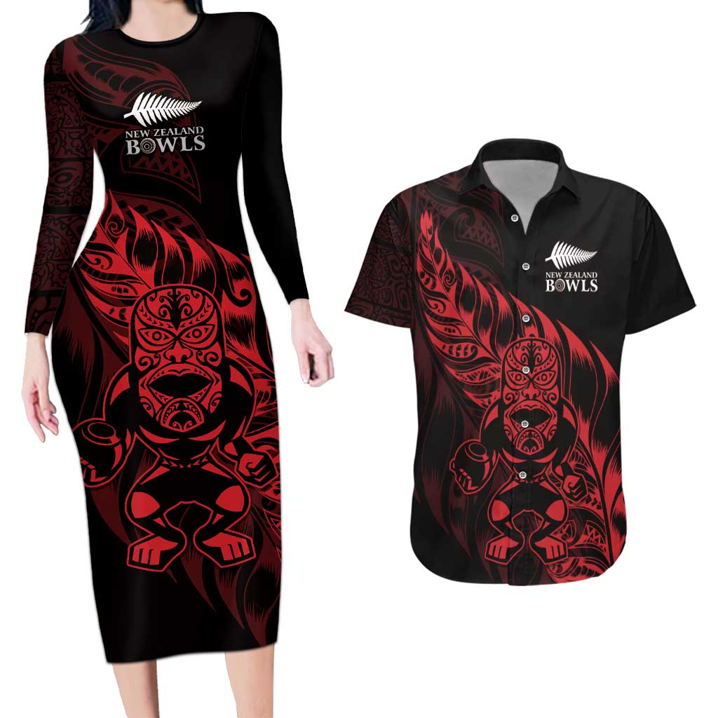 New Zealand Lawn Bowls Custom Couples Matching Long Sleeve Bodycon Dress and Hawaiian Shirt Red Maori Warrior Tribal Silver Fern - Polynesian Pride