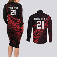New Zealand Lawn Bowls Custom Couples Matching Long Sleeve Bodycon Dress and Long Sleeve Button Shirt Red Maori Warrior Tribal Silver Fern - Polynesian Pride