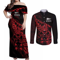 New Zealand Lawn Bowls Custom Couples Matching Off Shoulder Maxi Dress and Long Sleeve Button Shirt Red Maori Warrior Tribal Silver Fern - Polynesian Pride