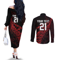 New Zealand Lawn Bowls Custom Couples Matching Off The Shoulder Long Sleeve Dress and Long Sleeve Button Shirt Red Maori Warrior Tribal Silver Fern - Polynesian Pride