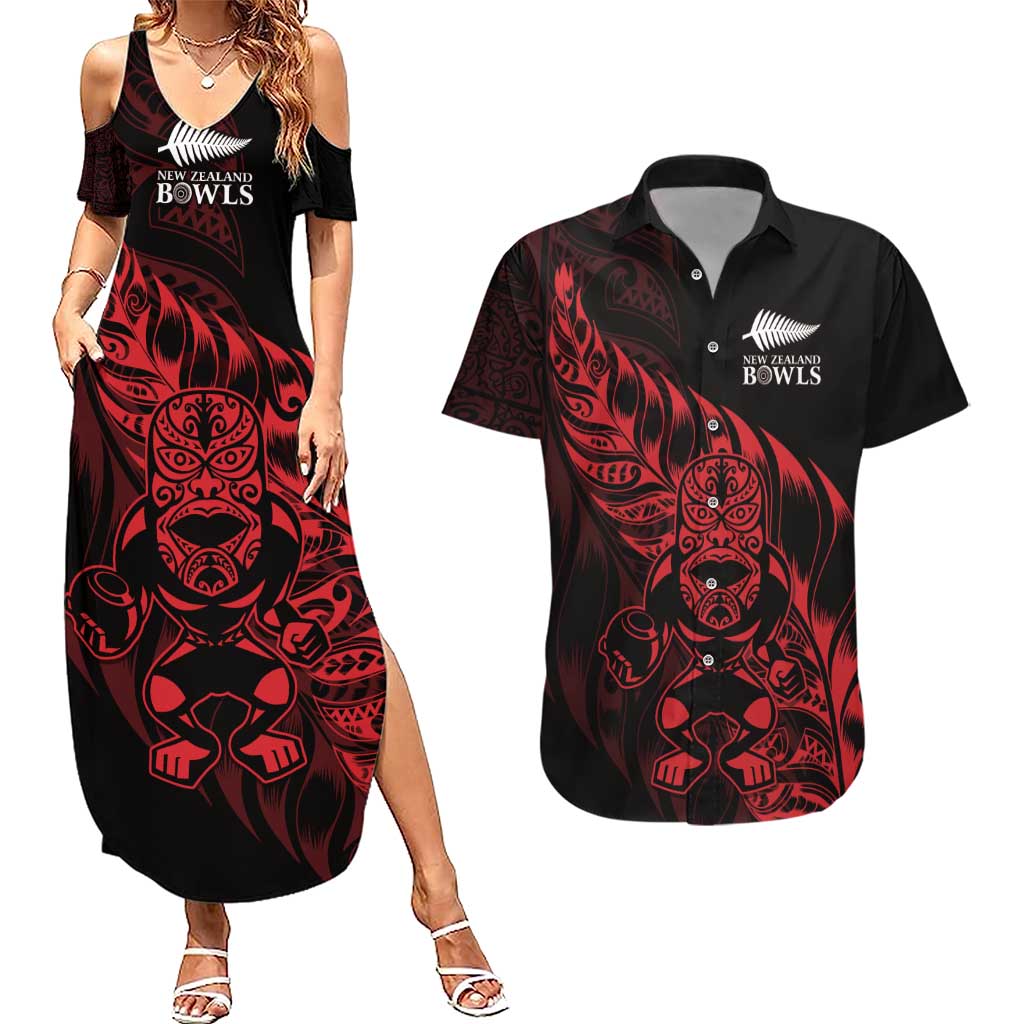 New Zealand Lawn Bowls Custom Couples Matching Summer Maxi Dress and Hawaiian Shirt Red Maori Warrior Tribal Silver Fern - Polynesian Pride