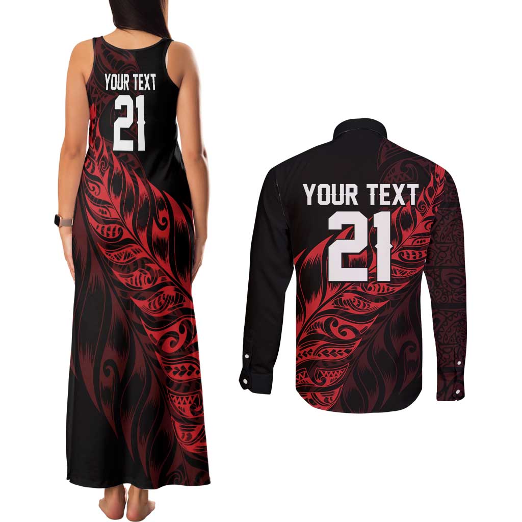 New Zealand Lawn Bowls Custom Couples Matching Tank Maxi Dress and Long Sleeve Button Shirt Red Maori Warrior Tribal Silver Fern - Polynesian Pride