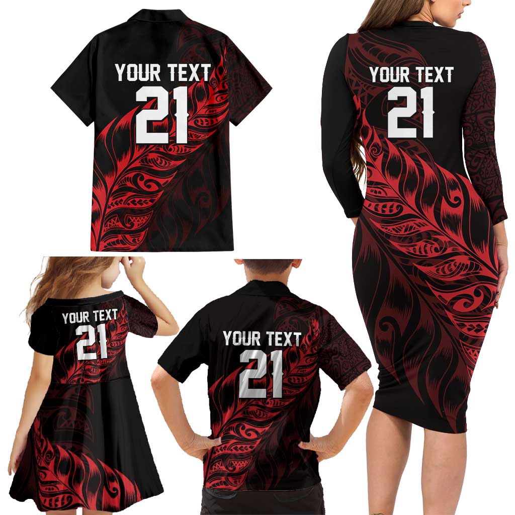 New Zealand Lawn Bowls Custom Family Matching Long Sleeve Bodycon Dress and Hawaiian Shirt Red Maori Warrior Tribal Silver Fern - Polynesian Pride