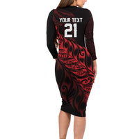 New Zealand Lawn Bowls Custom Family Matching Long Sleeve Bodycon Dress and Hawaiian Shirt Red Maori Warrior Tribal Silver Fern - Polynesian Pride