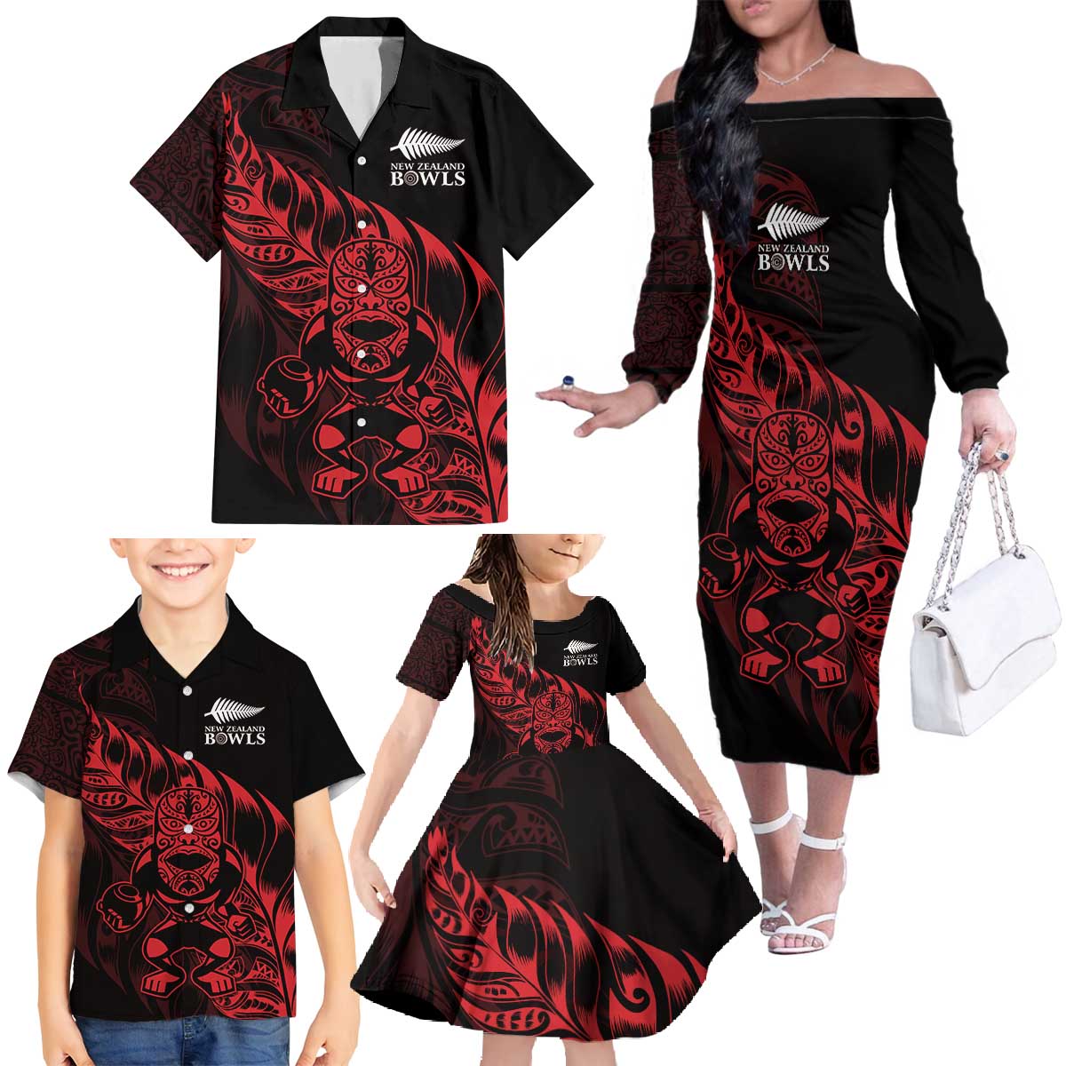 New Zealand Lawn Bowls Custom Family Matching Off The Shoulder Long Sleeve Dress and Hawaiian Shirt Red Maori Warrior Tribal Silver Fern - Polynesian Pride