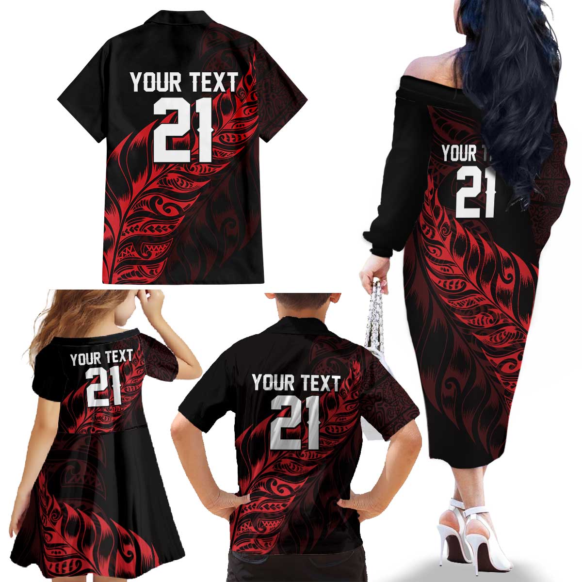 New Zealand Lawn Bowls Custom Family Matching Off The Shoulder Long Sleeve Dress and Hawaiian Shirt Red Maori Warrior Tribal Silver Fern - Polynesian Pride