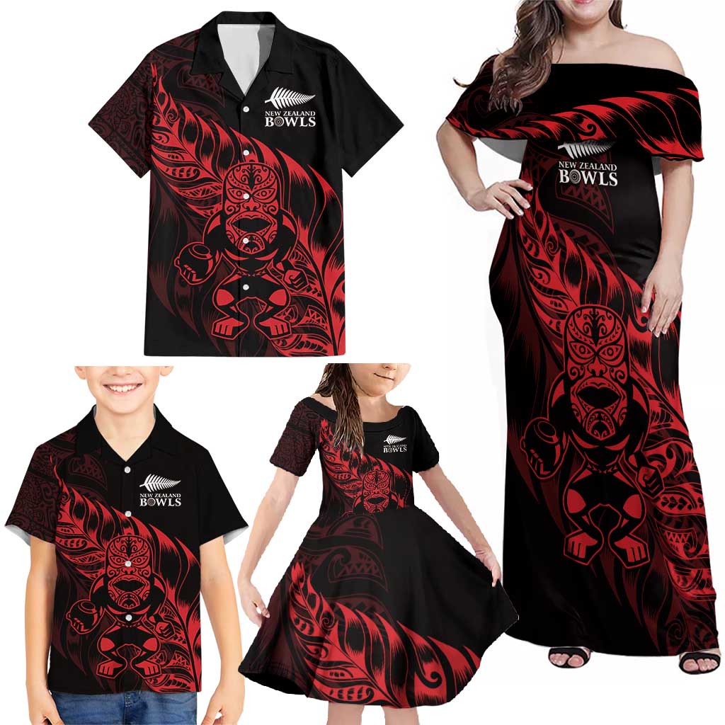 New Zealand Lawn Bowls Custom Family Matching Off Shoulder Maxi Dress and Hawaiian Shirt Red Maori Warrior Tribal Silver Fern - Polynesian Pride