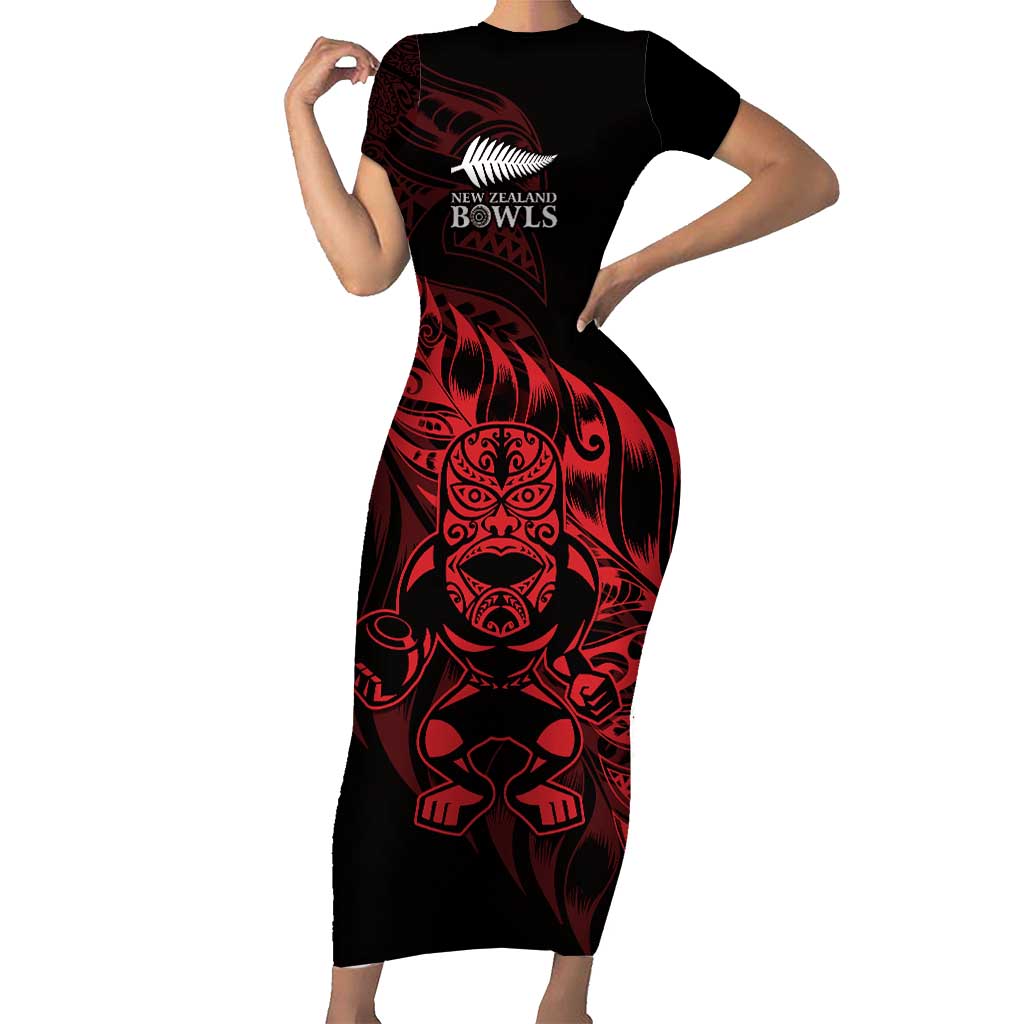 New Zealand Lawn Bowls Custom Family Matching Short Sleeve Bodycon Dress and Hawaiian Shirt Red Maori Warrior Tribal Silver Fern - Polynesian Pride