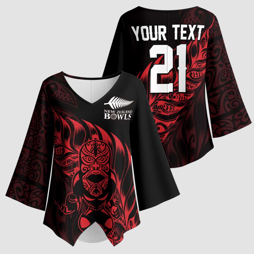New Zealand Lawn Bowls Custom Kimono Sleeve Blouse Red Maori Warrior Tribal Silver Fern - Polynesian Pride