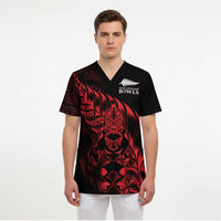 New Zealand Lawn Bowls Custom Scrub Top Red Maori Warrior Tribal Silver Fern - Polynesian Pride
