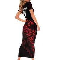 New Zealand Lawn Bowls Custom Short Sleeve Bodycon Dress Red Maori Warrior Tribal Silver Fern - Polynesian Pride