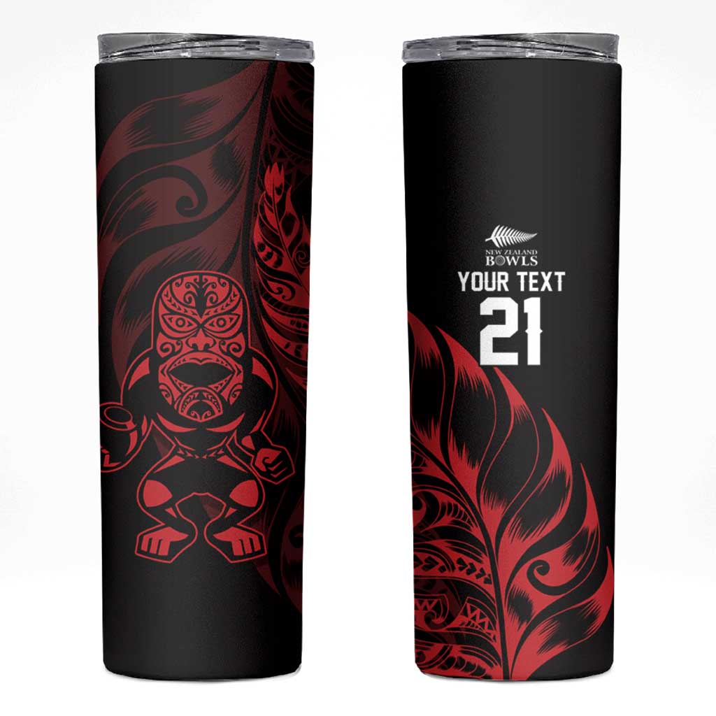 New Zealand Lawn Bowls Custom Skinny Tumbler Red Maori Warrior Tribal Silver Fern - Polynesian Pride