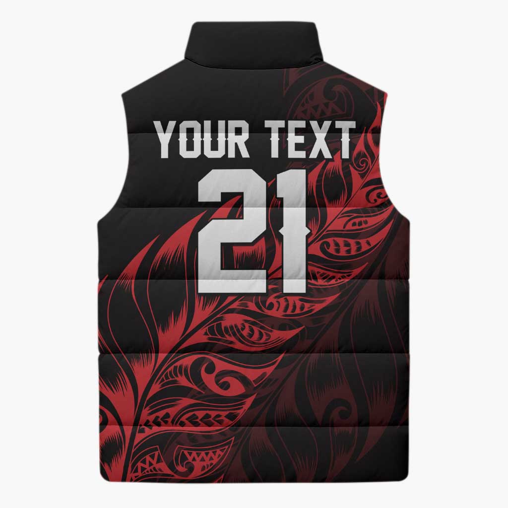 New Zealand Lawn Bowls Custom Sleeveless Puffer Jacket Red Maori Warrior Tribal Silver Fern - Polynesian Pride