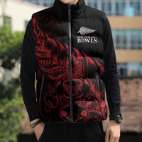New Zealand Lawn Bowls Custom Sleeveless Puffer Jacket Red Maori Warrior Tribal Silver Fern - Polynesian Pride