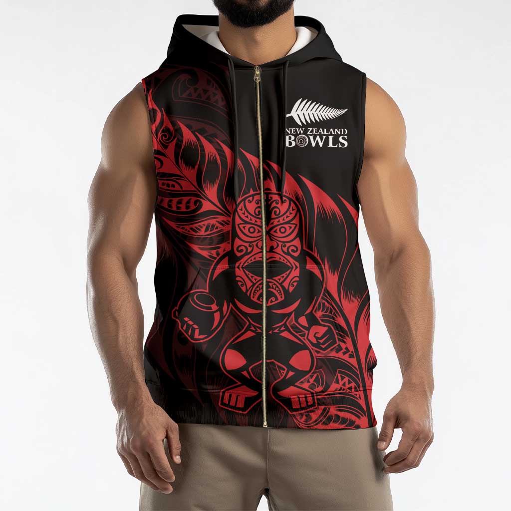 New Zealand Lawn Bowls Custom Sleeveless Zip Hoodie Red Maori Warrior Tribal Silver Fern - Polynesian Pride