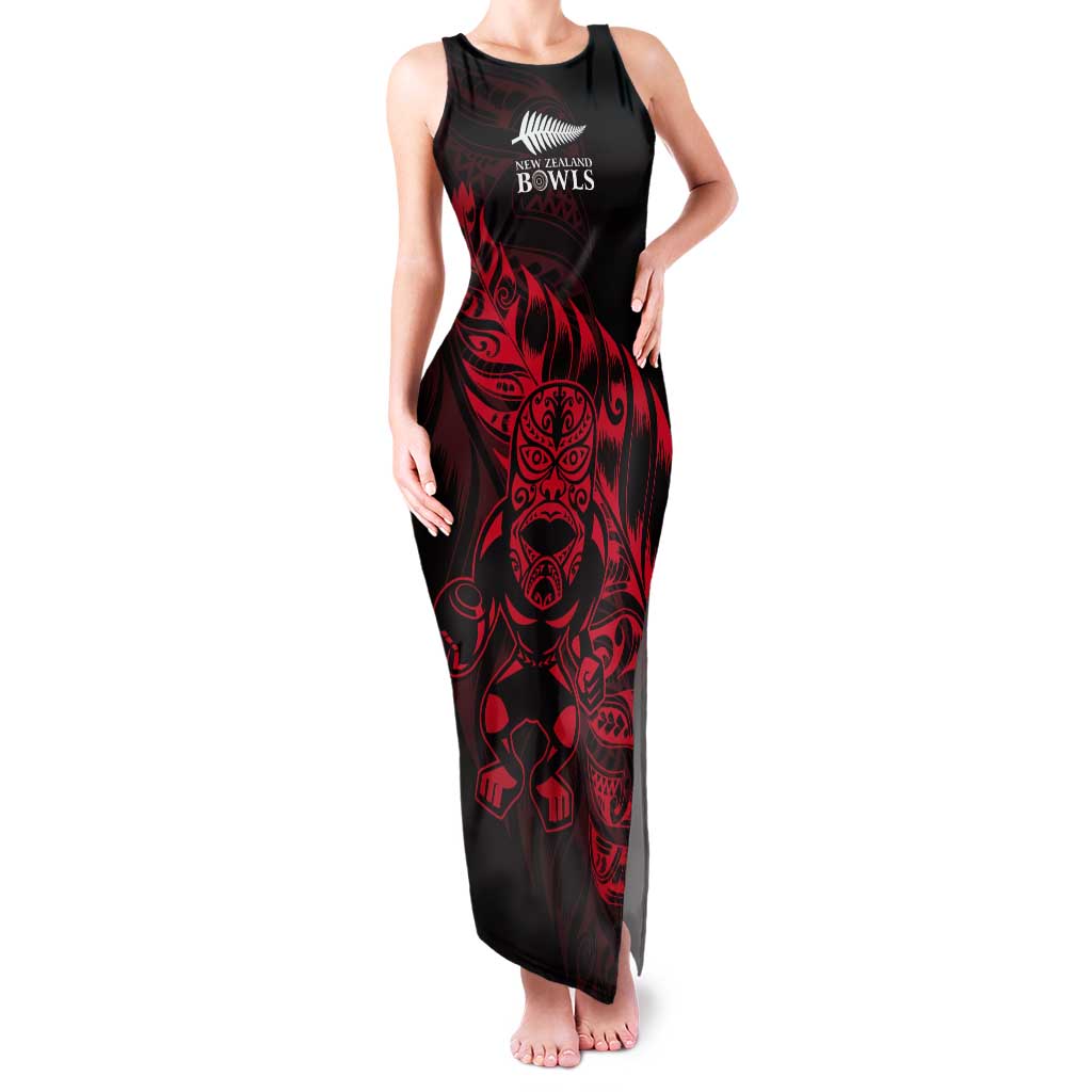 New Zealand Lawn Bowls Custom Tank Maxi Dress Red Maori Warrior Tribal Silver Fern - Polynesian Pride