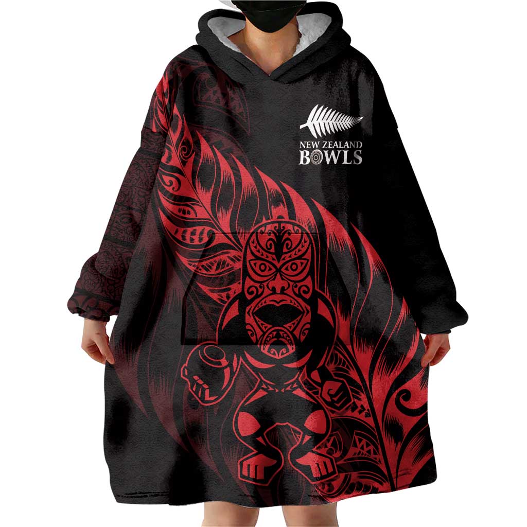 New Zealand Lawn Bowls Custom Wearable Blanket Hoodie Red Maori Warrior Tribal Silver Fern - Polynesian Pride