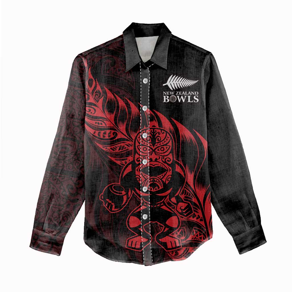 New Zealand Lawn Bowls Custom Women Casual Shirt Red Maori Warrior Tribal Silver Fern - Polynesian Pride