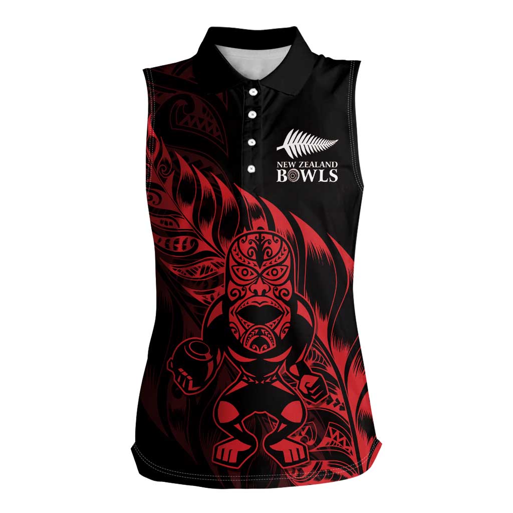 New Zealand Lawn Bowls Custom Women Sleeveless Polo Shirt Red Maori Warrior Tribal Silver Fern - Polynesian Pride