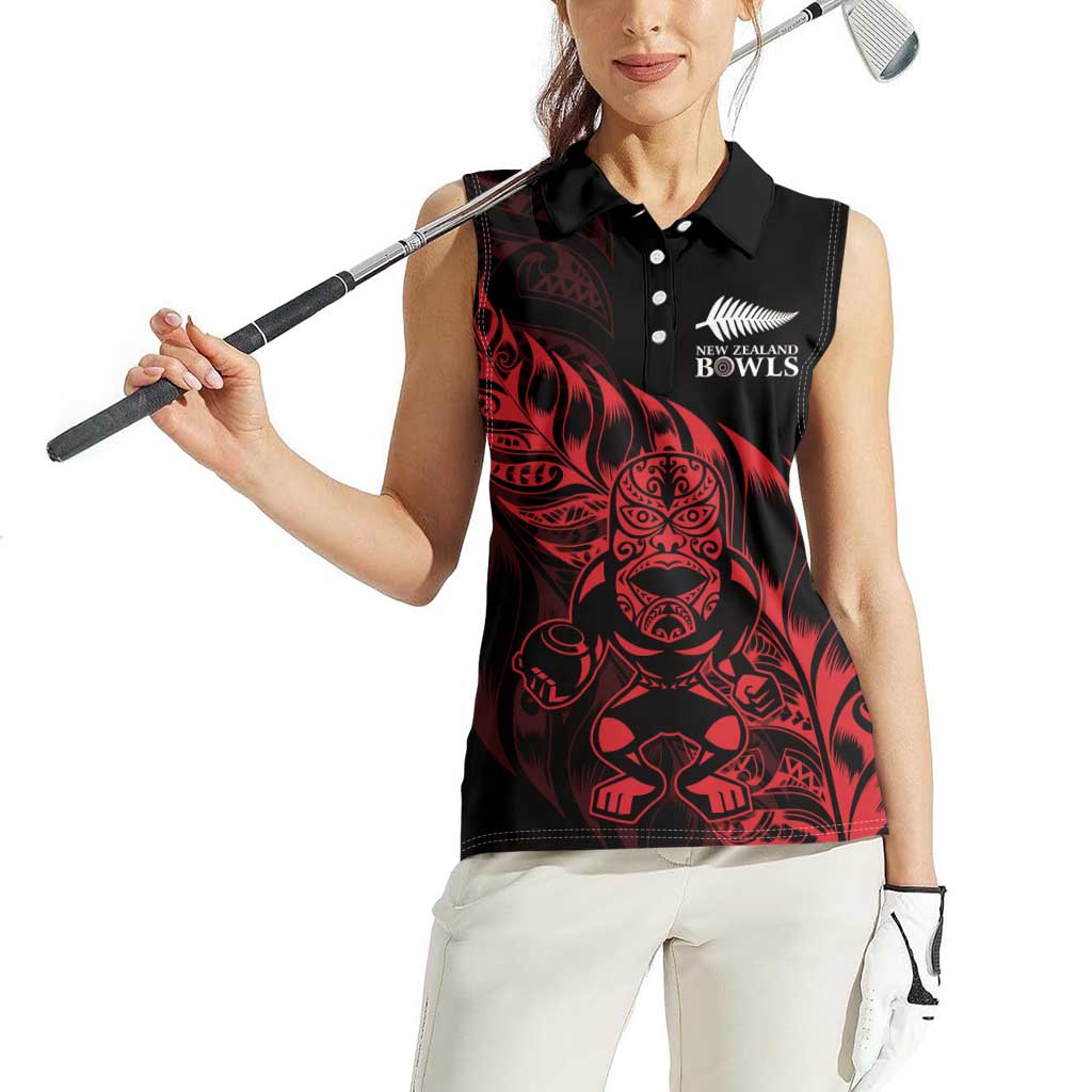 New Zealand Lawn Bowls Custom Women Sleeveless Polo Shirt Red Maori Warrior Tribal Silver Fern - Polynesian Pride