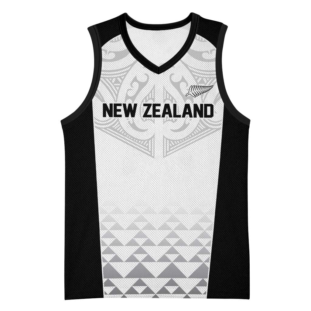 World Football 2026 New Zealand Custom Basketball Jersey All White Fern Maori Tribal LT9 Unisex White - Polynesian Pride